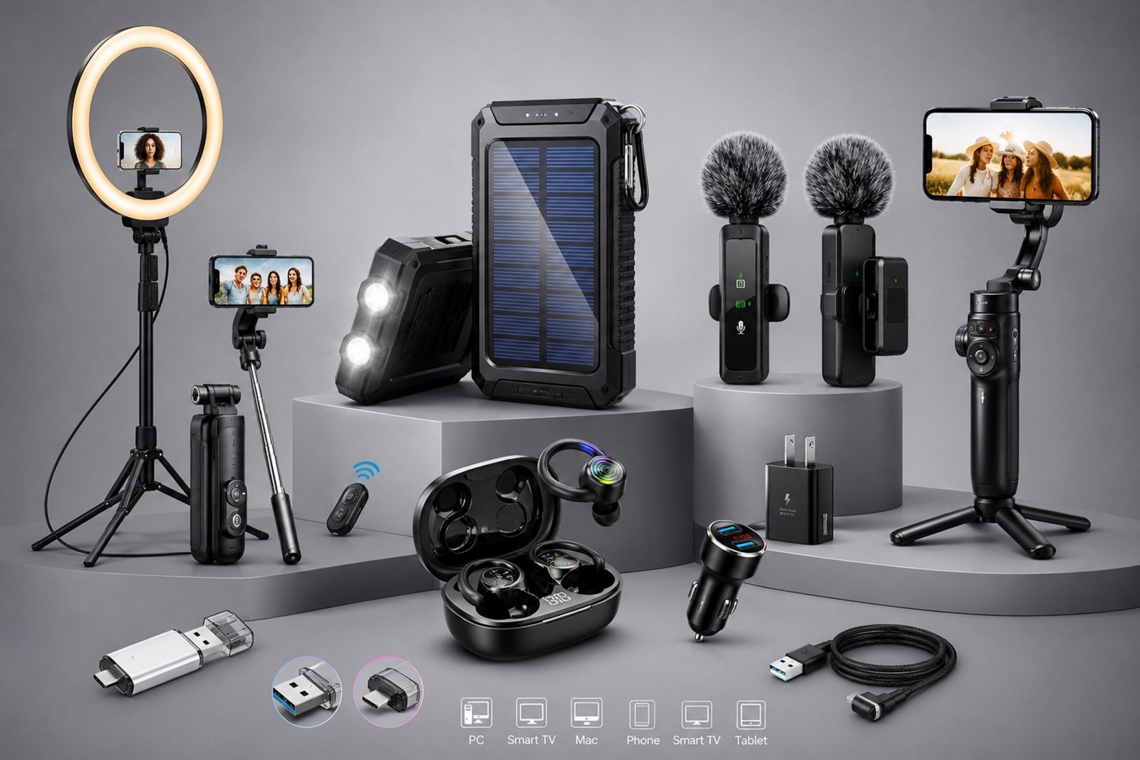 Creator accessories including solar power bank ring light microphone tripod earbuds charger gimbal and OTG storage in Nigeria