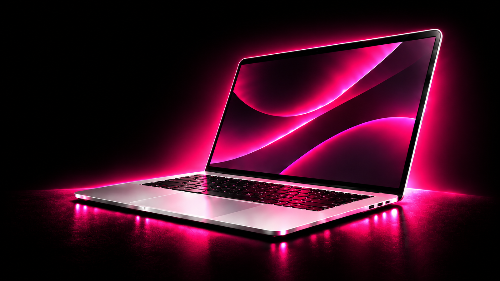 Silver laptop with magenta neon glow — first prize